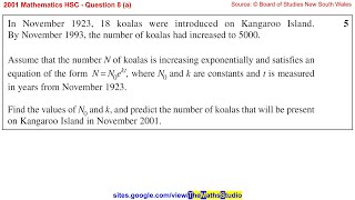 2001 Maths 2u HSC Q8a Use exponential equation P=Ae^(kt) to predict future population size