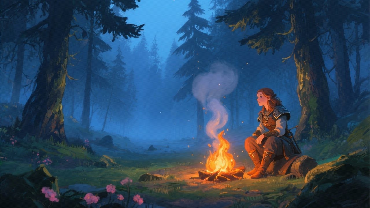 “1 Hour Nordic Campfire Lo Fi 🌙 Deep Focus • Warm Fire • Misty Forest Ambience”
