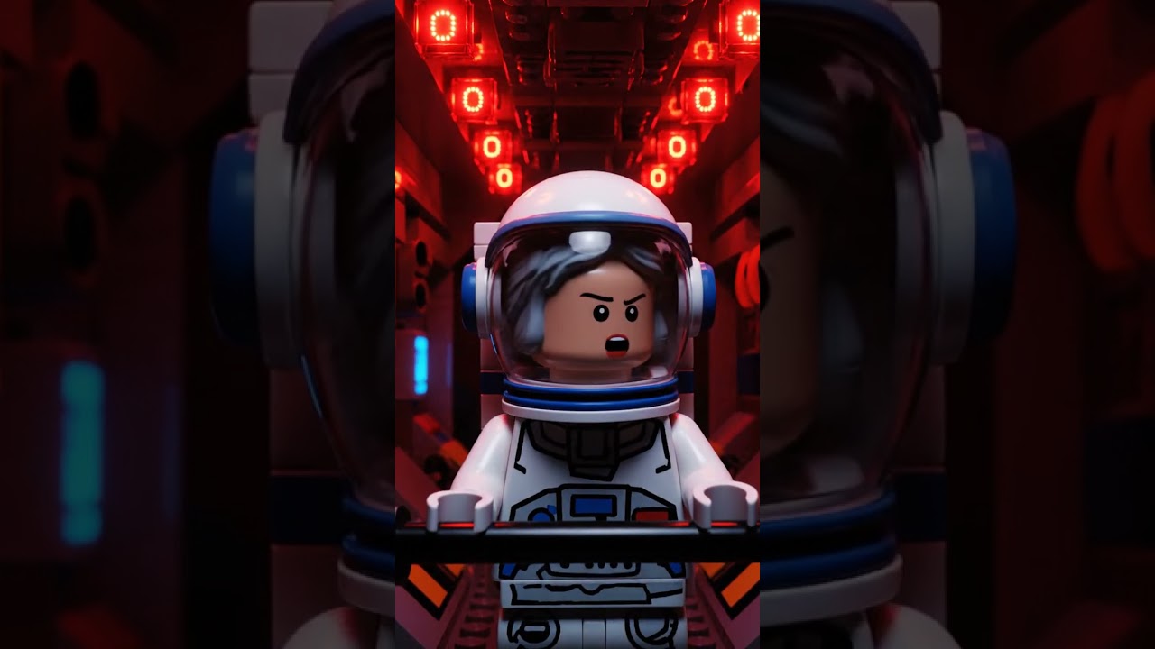 A claustrophobic LEGO space station hall with red alarm bricks strobing  an astronaut grips a rail a