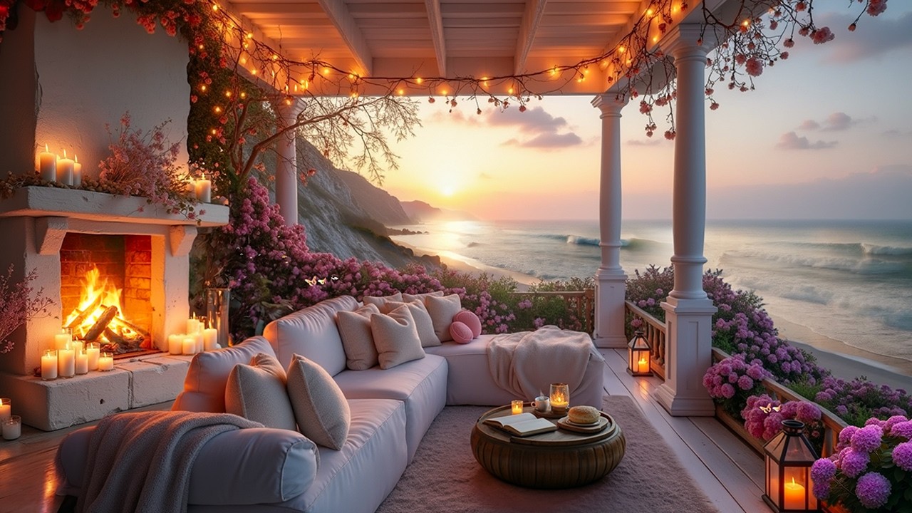 Cozy Spring Sunset Porch by the Sea 🌅🔥Crackling Fireplace & Gentle Ocean Waves | ASMR for Relaxation