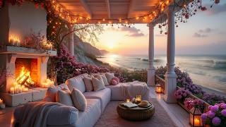 Cozy Spring Sunset Porch by the Sea 🌅🔥Crackling Fireplace & Gentle Ocean Waves | ASMR for Relaxation