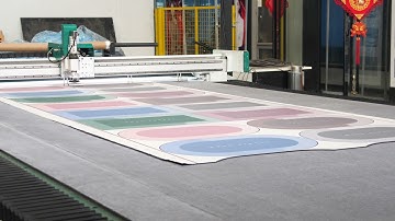 Visual scanning positioning and cutting printed carpets. [ AOL Carpet cutting machine]