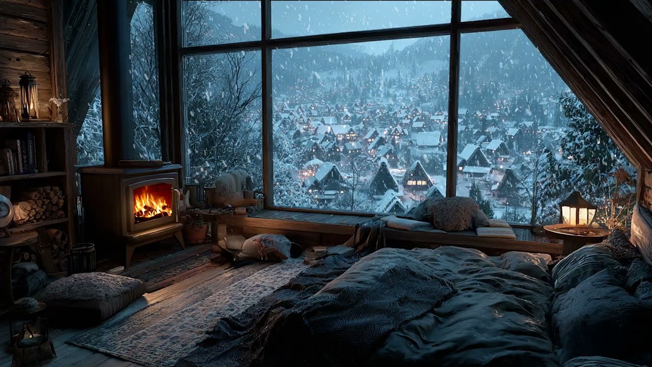 Heavy Snowstorm Tapping on the Window of a Calm and Peaceful Bedroom | Calm Valley Night Sounds