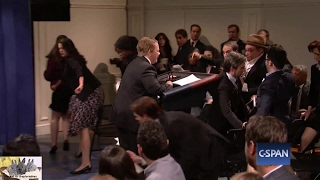 SNL Skit Melissa McCarthy Sean Spicer Press Conference Podium Armageddon Rampage Reporter Attack