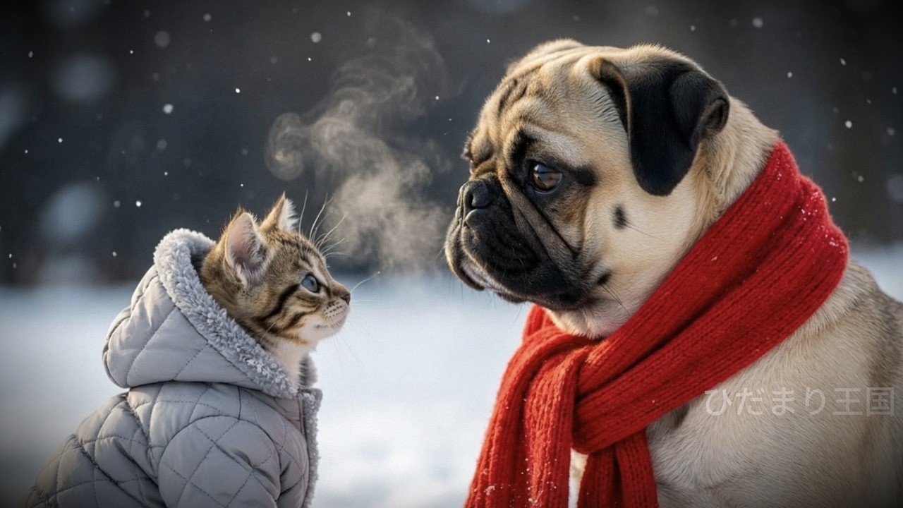 【子猫とパグ】滑り台が怖い子猫、優しいおじちゃんの見守り