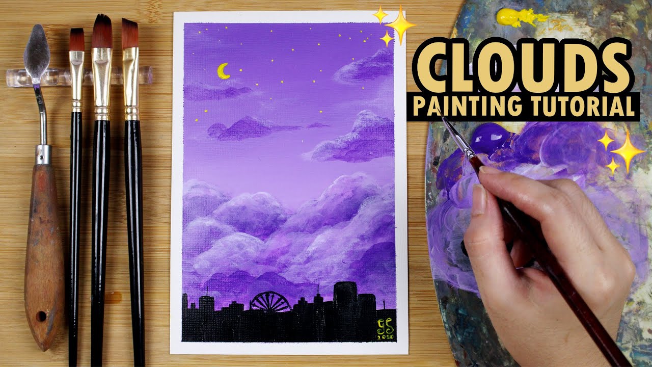 Easy Acrylic Painting Tutorial for Beginners Violet Clouds with Building s Tagalog