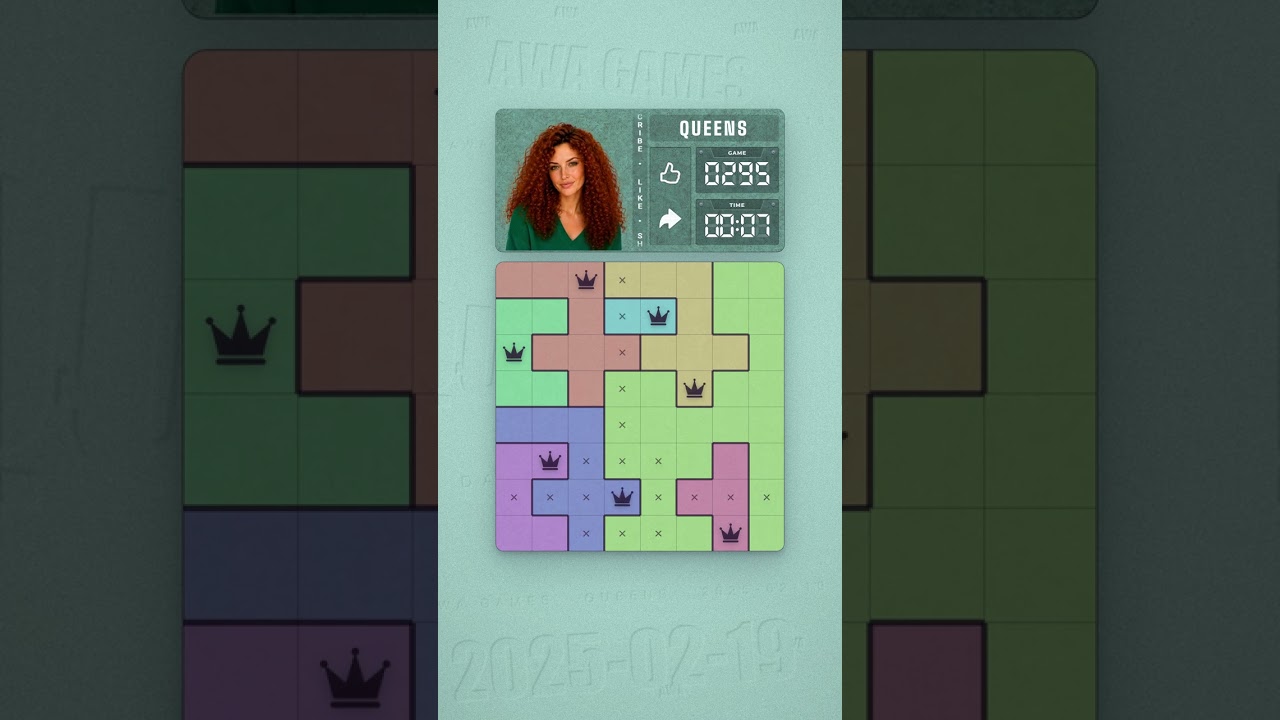 LinkedIn Queens #295 solved board for February 19, 2025, 8x8 grid
