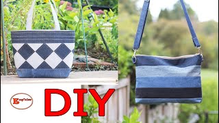 2 AMAZING DENIM BAG IDEAS | STRIPE CROSSBODY AND PATCHWORK TOTE BAG SEWING TUTORIAL