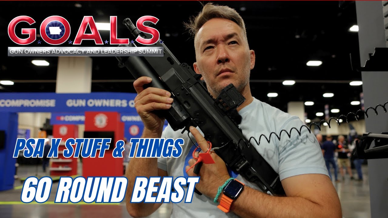 Tactical Playground HQ interviewing Justin from Palmetto State Armory at GOALS 2025 about the Stizon conversion kit for the PSA AKV, developed with Stuff and Things Inc., featuring new ergonomics, rail options, and 60-round magazines.