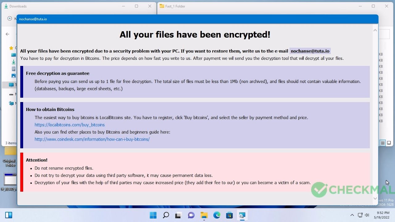 BTCWare Ransomware (.[nochanse@tuta.io].aleta) - Videos - CheckMAL