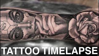 TATTOO TIMELAPSE | DAY OF THE DEAD GIRL PORTRAIT AND ROSE | REAL TIME | CHRISSY LEE