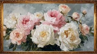 Luxury Textured Rose Wall Art | Elegant Pink & White Peony Painting with Gold Frame for Home Decor screenshot 4