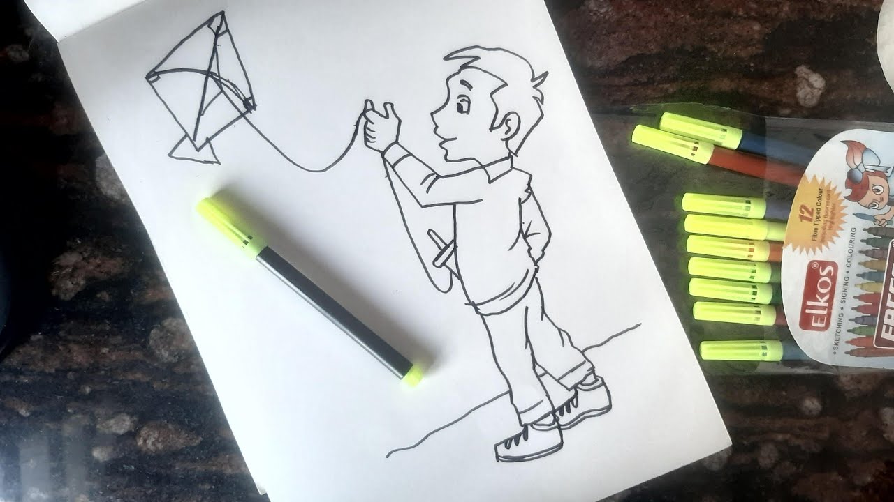 boy flying kite easy drawing for school competition // Uttarayan Kite