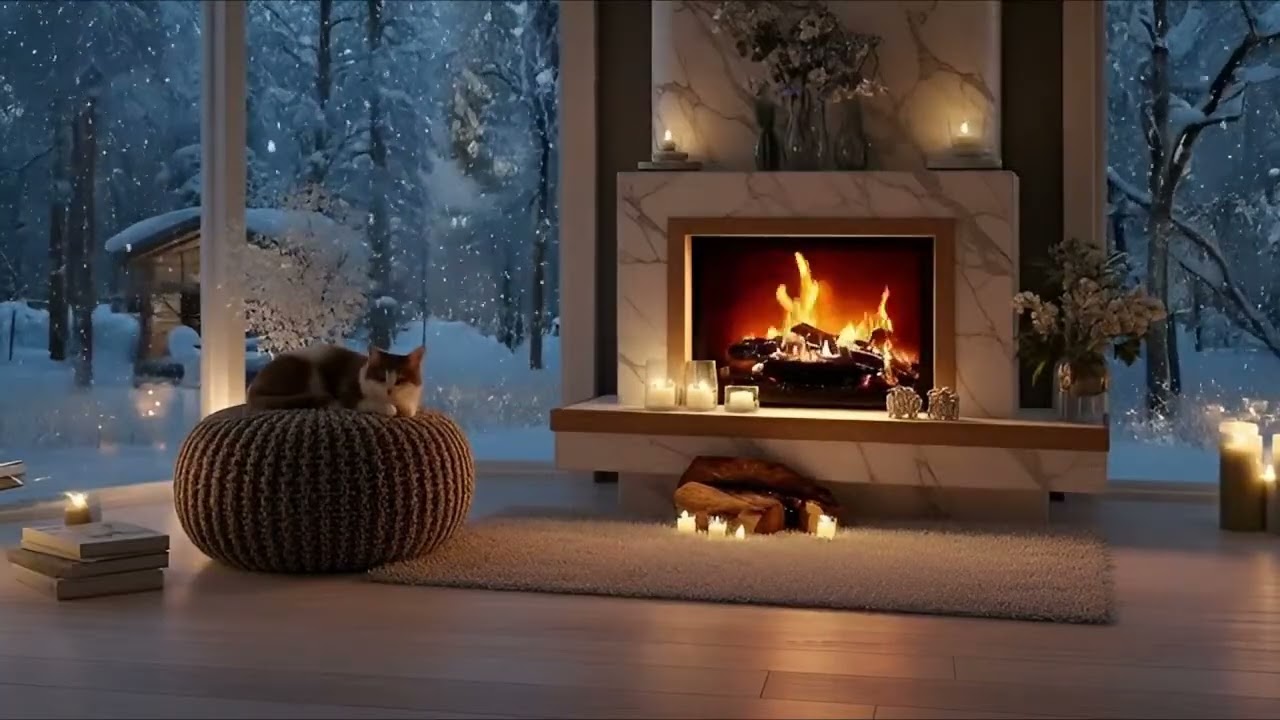 Cozy winter ambiance & Snowfall 🔥fireplace ambiance❄️ Sleeping Cat | Relax, Study, Sleep ❄️ 12 hours
