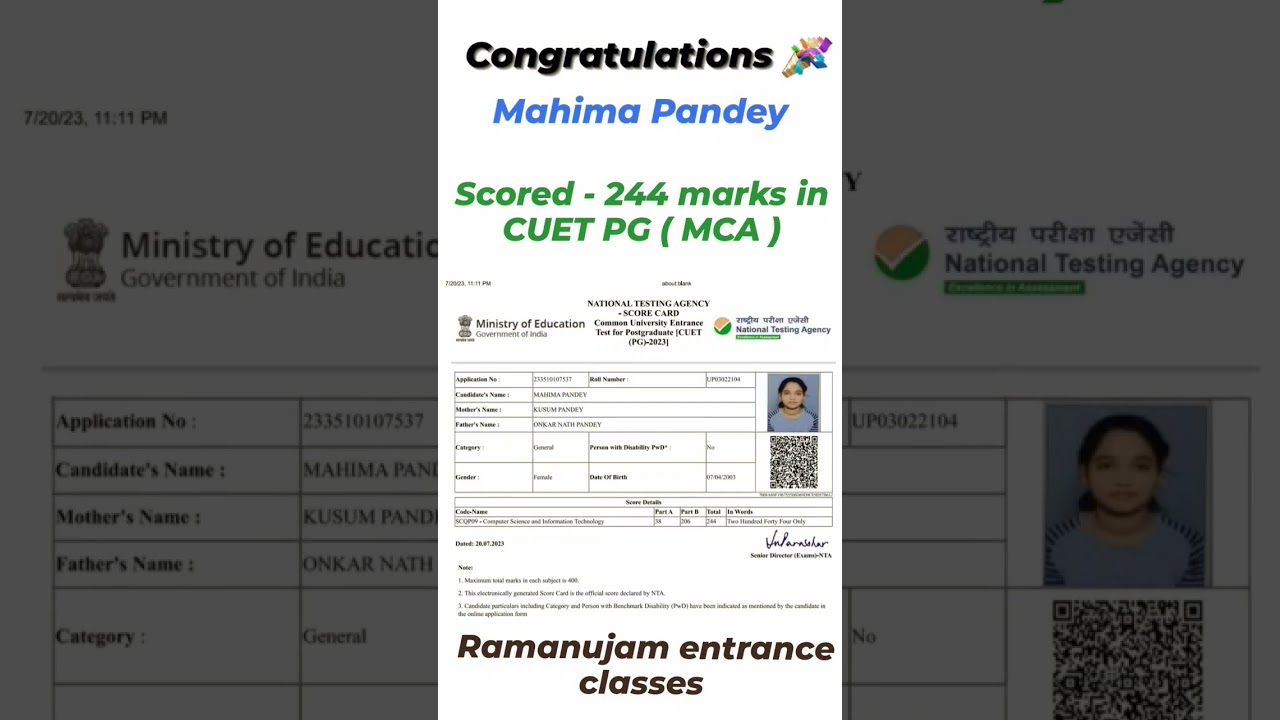 CUET PG MARKS 244 MAHIMA PANDEY || RAMANUJ KI MATHS || 