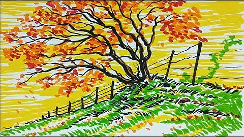How to Draw a Fall Tree Scene. "Peaceful Autumn Hill Drawing – Step-by-Step Marker Art".