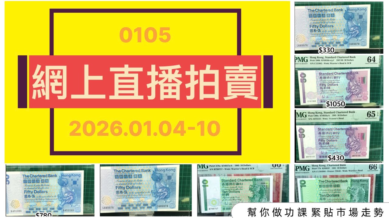 鈔迷必看｜0105｜香港鈔票拍賣成交記錄｜網上直播拍賣｜2825.01.04-10