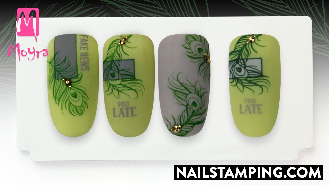 Green layered stamping nail art with stamping gel (nailstamping.com)