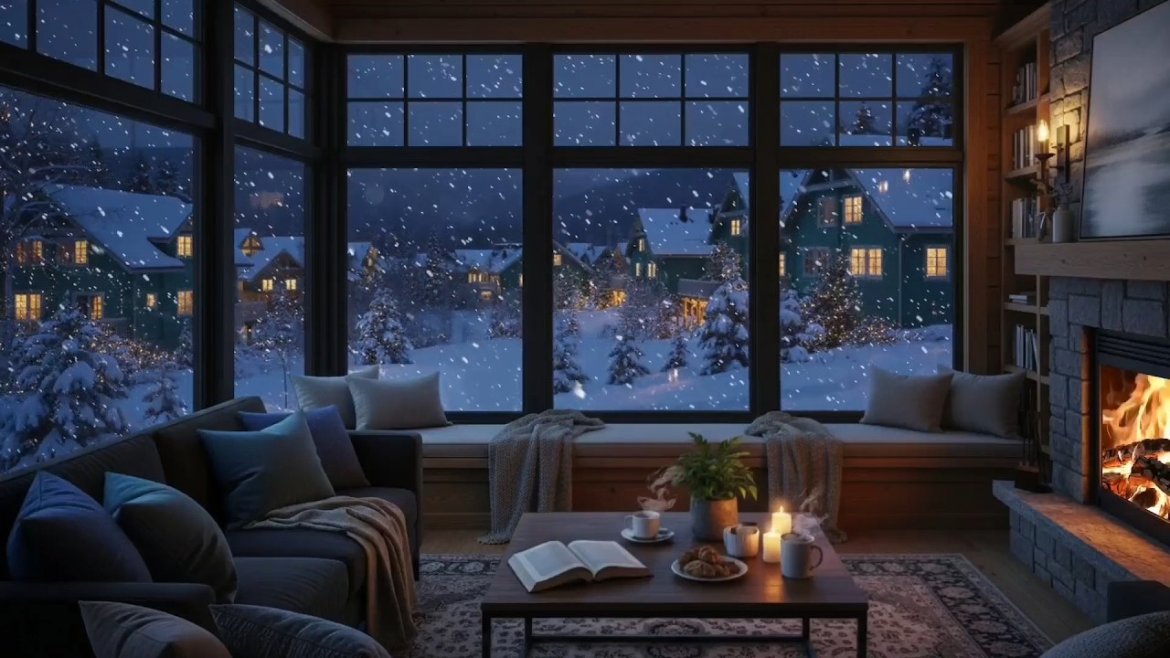 Cozy Winter Cabin Jazz Piano ❄️ Fireplace & Snowfall Night Ambience for Relax, Study & Sleep