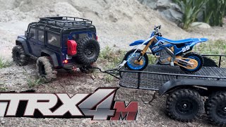 Just Making It! Traxxas TRX4M Land Rover Defender 1/18 RC Car Off-road Towing The Yamaha Dirt Bike