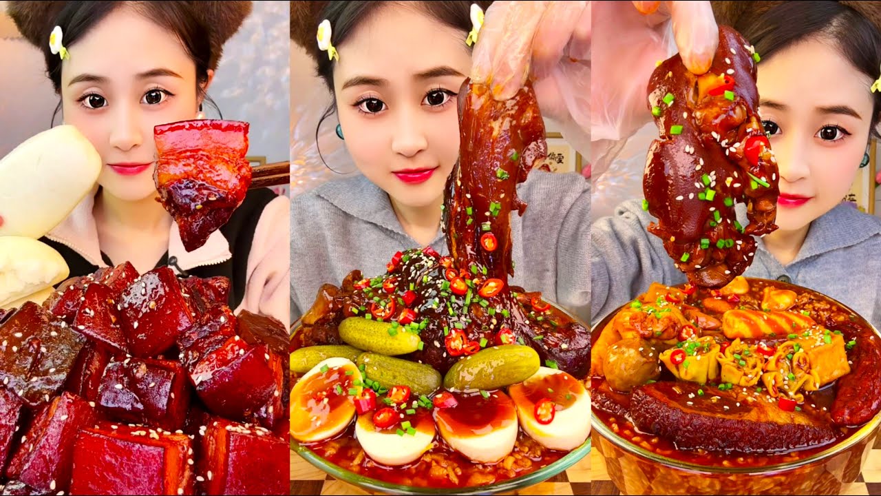 Spicy Braised Pork Belly Eating with Spicy Fried Noodles Eating Challenge Mukbang
