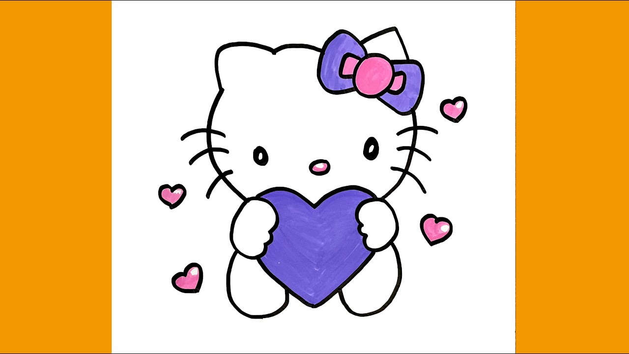 Hello Kitty drawing with love heart, How to draw Hello Kitty step by step