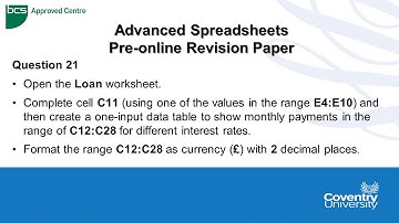 ECDL Coventry University: Advanced Spreadsheets Pre-online Revision Paper Question 21 - Data Table