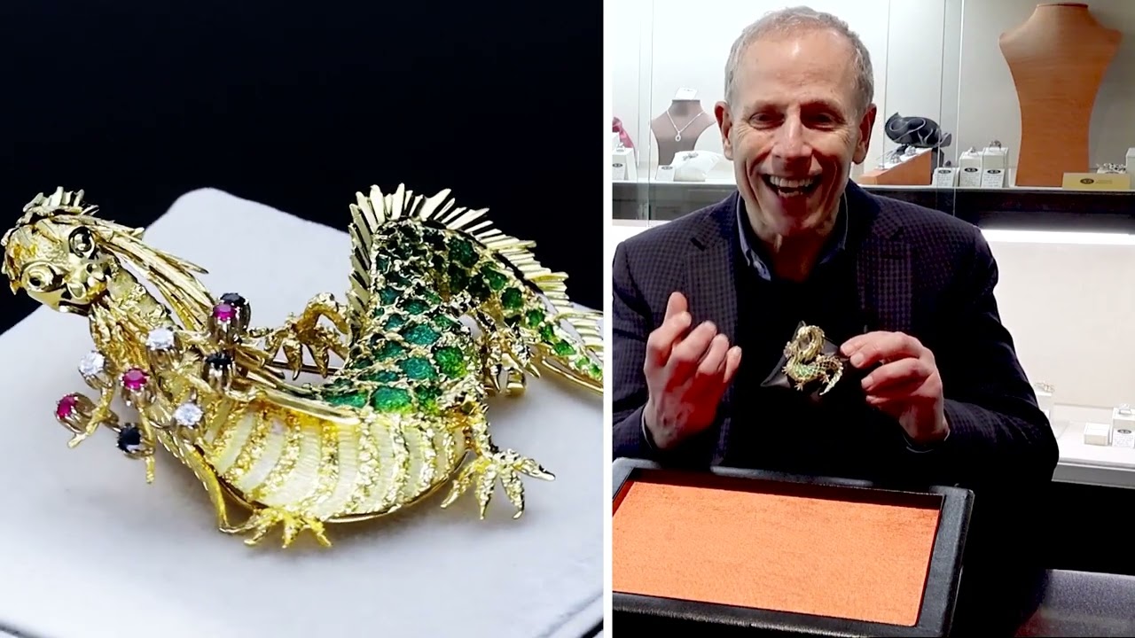 0.20ct Diamond, 0.20ct Ruby, 0.21ct Sapphire and Enamel, 18ct Yellow Gold Dragon Brooch - Circa 1980