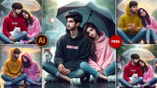 Couple In Rain And Umbrella Ai Photo Editing Tutorial ||Instagram trinding Couple t shirt name photo screenshot 2