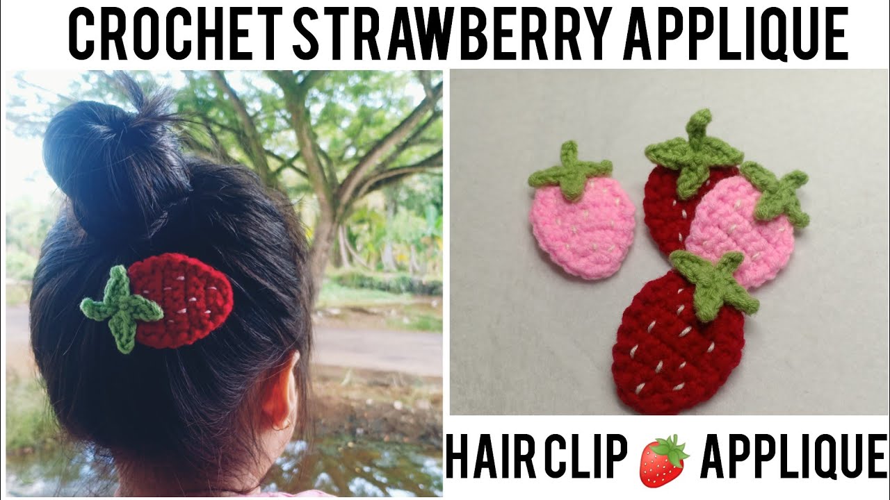 Crochet strawberry applique hair clip