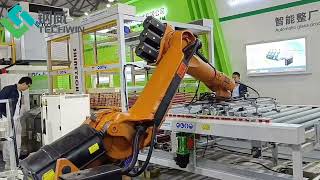 Glass storing machine, centering conveyor, robot unloading