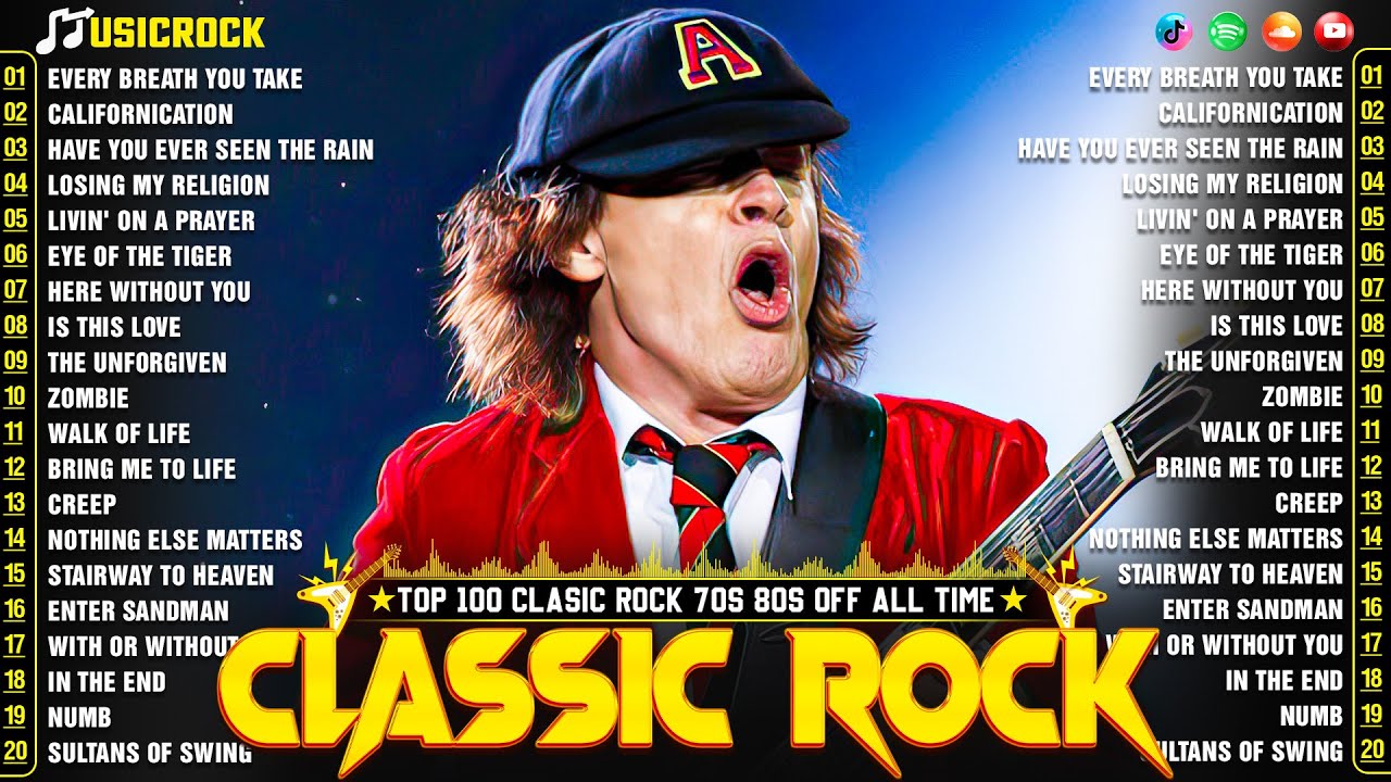 Top 100 Classic Rock Songs 70s 80s 90s ⚡ Nirvana, Queen, Guns N' Roses, Metallica, AC/DC, Aerosmith