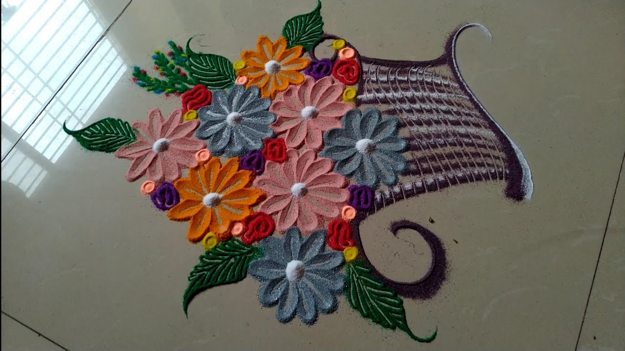 Flower Pot Rangoli Design Very easy and quick flower pot rangoli for Sankrant special by Jyoti ...
