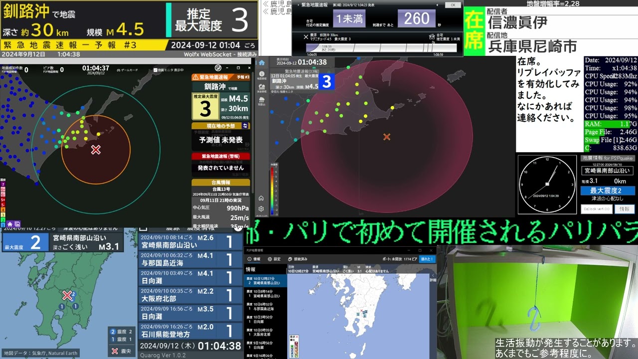 地震アーカイブ(β) 24年9月12日1時4分頃 釧路沖 最大震度2(観測点震度0) M4.2 深さ40km