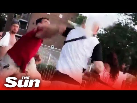 Thug smashes bottle over another man’s head in violent clash on hottest day.