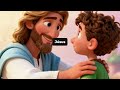 Jésus est assis, entouré de plusieurs enfants. L'ambiance est calme et chaleureuse.