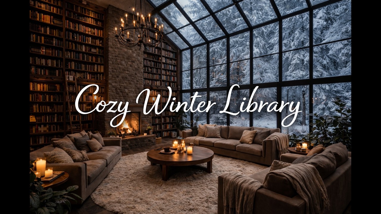 Cozy Winter Library ❄️🔥 Snowfall, Fireplace & Soft Piano Jazz | Relaxing Ambience (2 Hours)