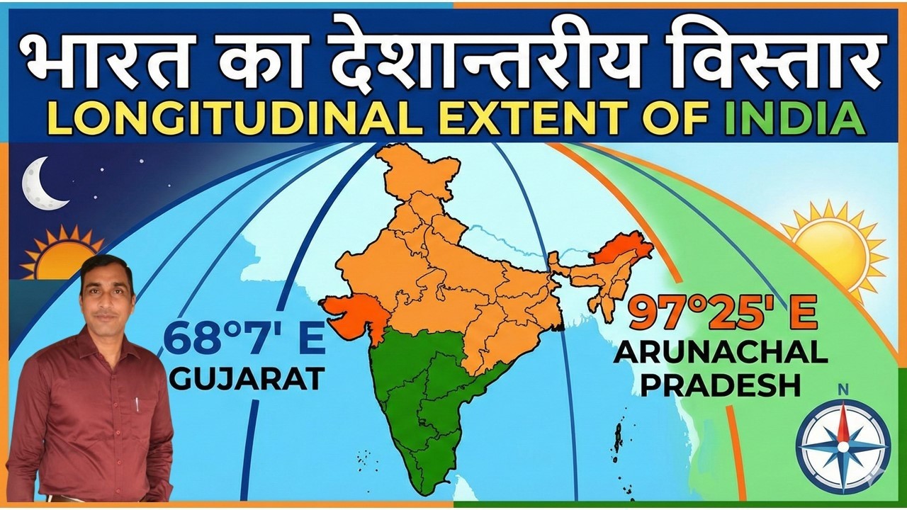 भारत का देशान्तरीय विस्तार   Longitudinal Extent of India, Geography