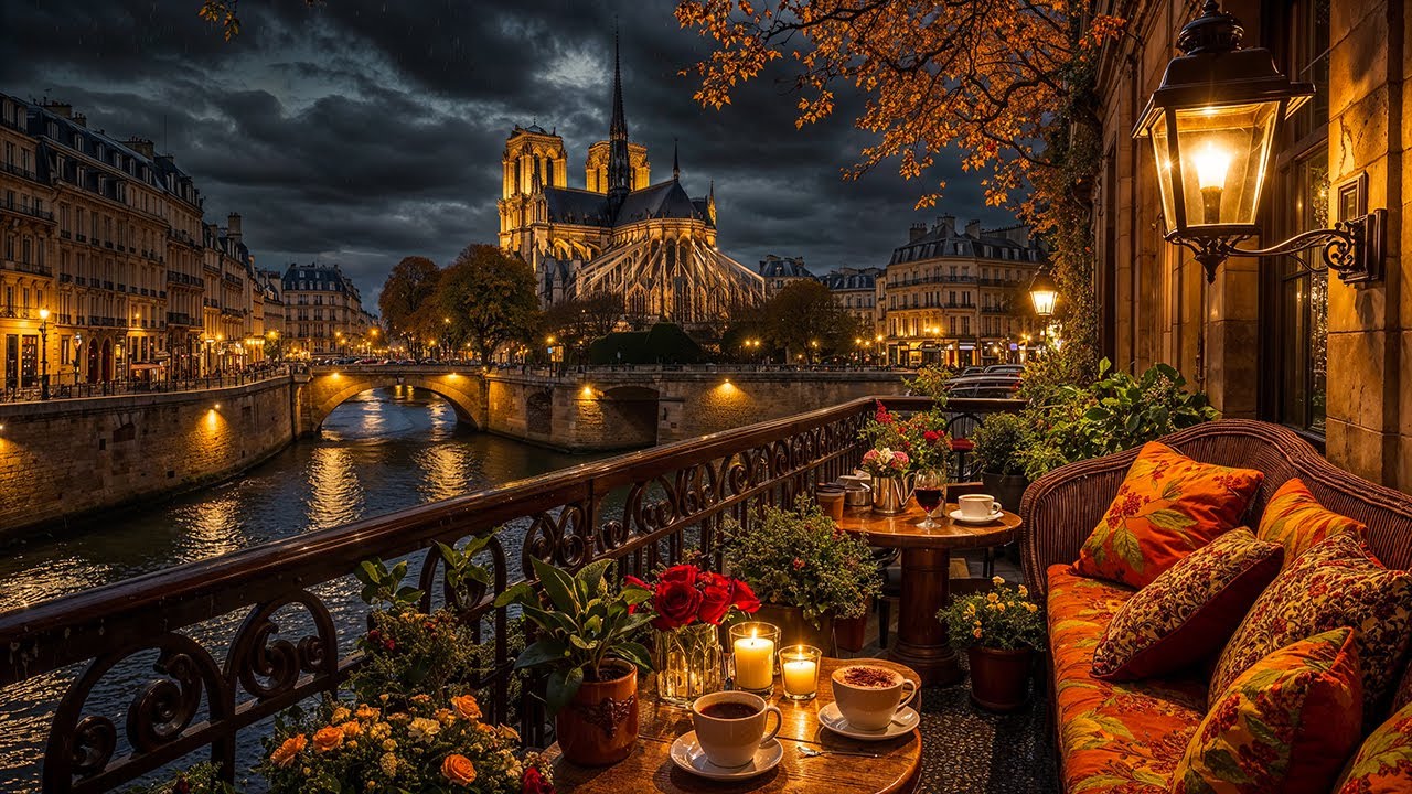 Paris Balcony Café Autumn Jazz Night | Calm Jazz Music with Notre-Dame View for Study & Focus