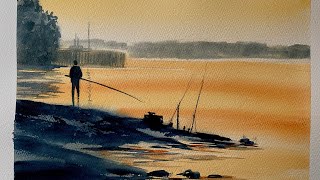 USE 3 COLORS! Paint A WATERCOLOR SUNSET RIVER FISHING Landscape Beginners Watercolour PAINTING DEMO