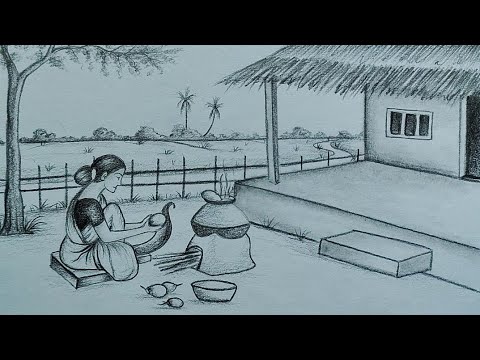 How to draw village women cooking/Indian village drawing with pencil