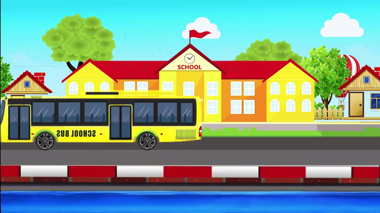 School Building and Bus on the Road -  Free Cartoon Background Loop - Edificio escolar y autobús en