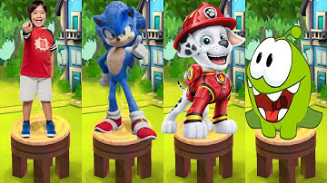 Tag with Ryan vs Sonic Dash vs Om Nom Run vs PAW Patrol Marshall Run - All Characters Unlocked