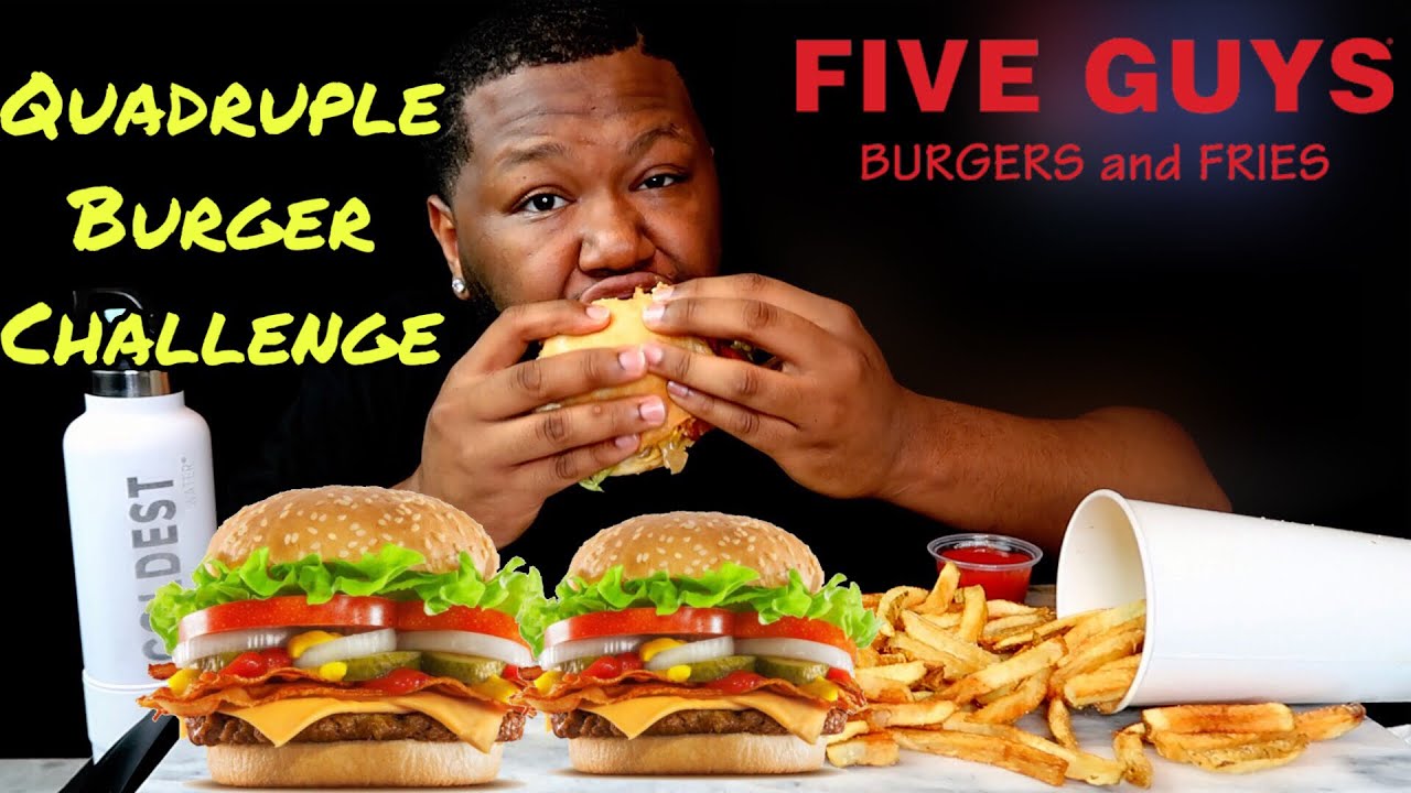 QUADRUPLE BURGER CHALLENGE | FIVE GUYS MUKBANG