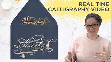 Making White and Gold Pointed Pen Calligraphy on a Navy Envelope (Real Time)