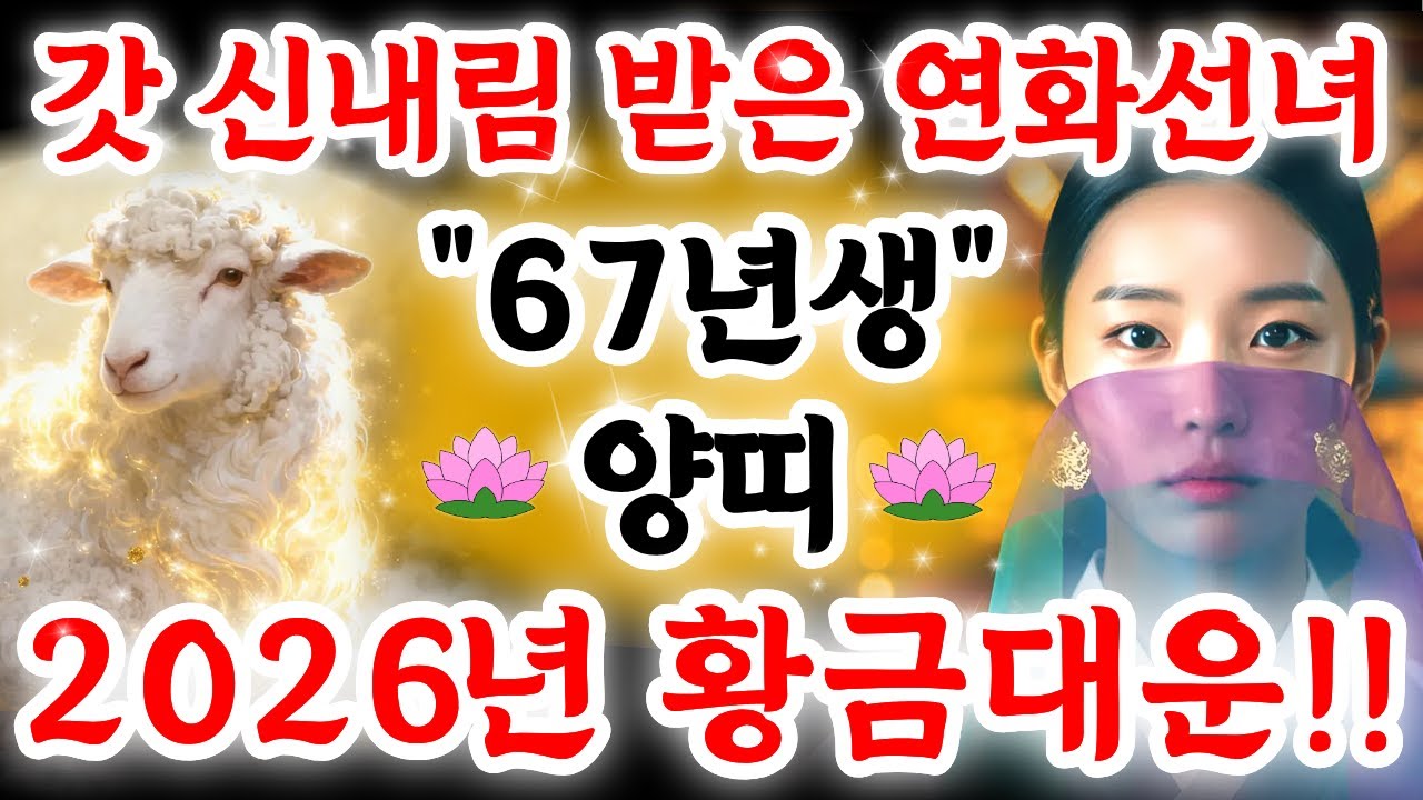 [🐑67년생 양띠 ] 2026년 황금대운!! 100억 대운을 꽉 잡으시려면 '이 영상' 놓치지 마세요! 그냥 맞으면 다칠 '위험' 있습니다! │갓 신내림 받은 연화선녀 신점