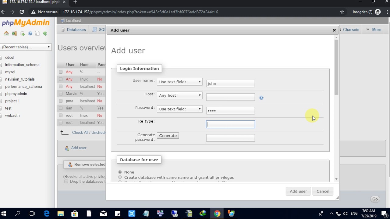 how to add user in phpmyadmin - YouTube