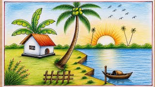 Nature Drawing Hard and Beautiful/Easy Nature Landscape Drawing/Simple Village River Scenery Drawing