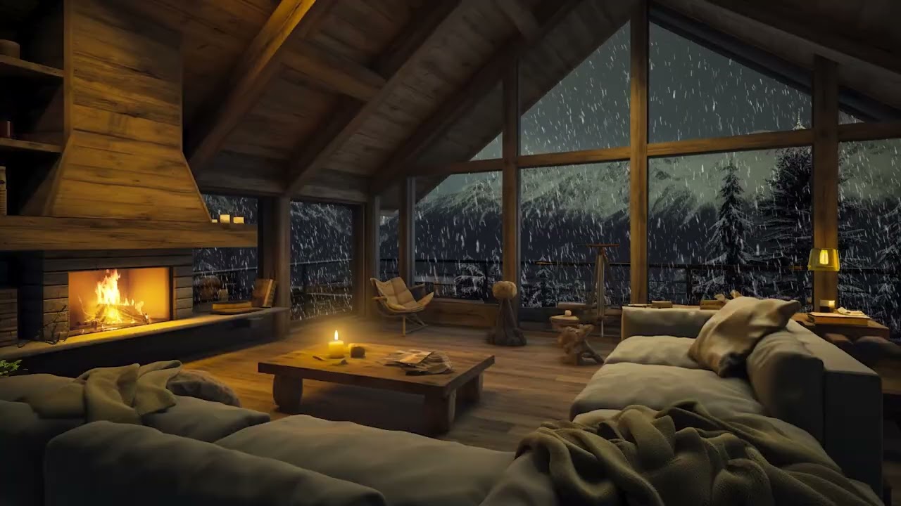 Windy Night Cabin Ambience | Howling Wind and Gentle Fire Crackling for Deep Relaxation