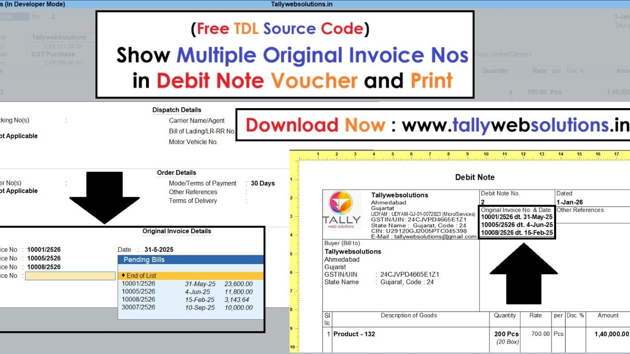 (Download Free TDL Source Code) Show DN Multiple Original Invoice Nos in Debit Note Voucher & Print